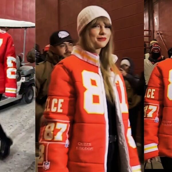 Taylor Swift rocks custom-made Travis Kelce-themed puffer jacket for playoff debut at…