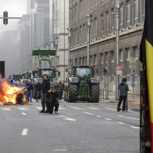 Farmers in Brussels throw beets, spray manure at police and set hay…