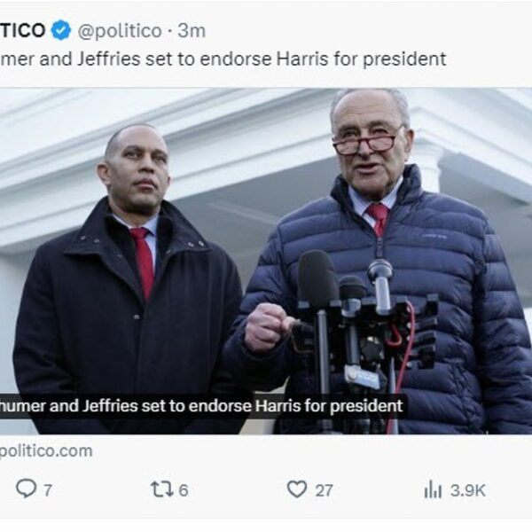 Politico: Schumer and Jeffries to endorse Harris for president later as we…