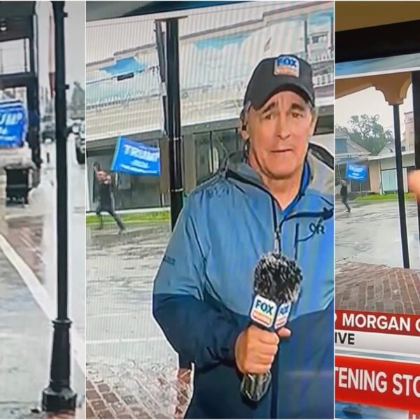 Triggered Weatherman Covers Camera as Man with Massive Trump Flag Runs in…