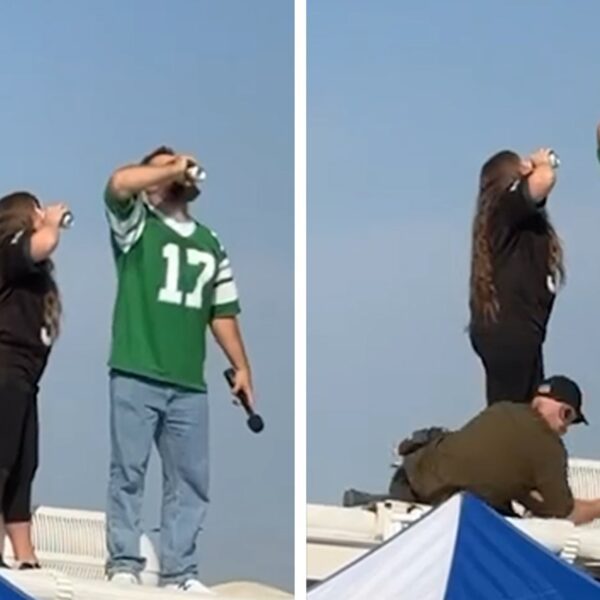 Jason Kelce Pounds Beer On Top of RV, Cameraman Falls Through Ceiling