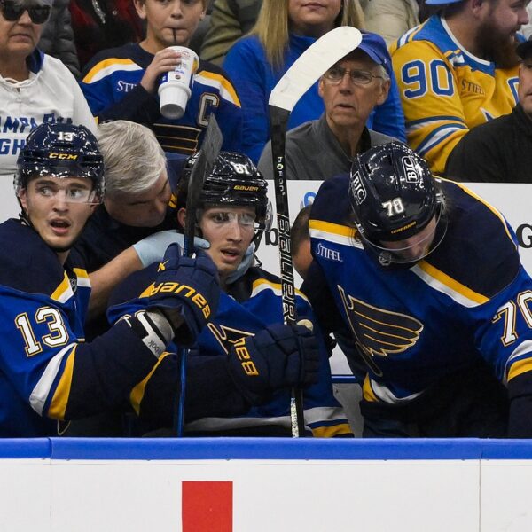 Blues F Dylan Holloway takes puck to neck, beneath analysis