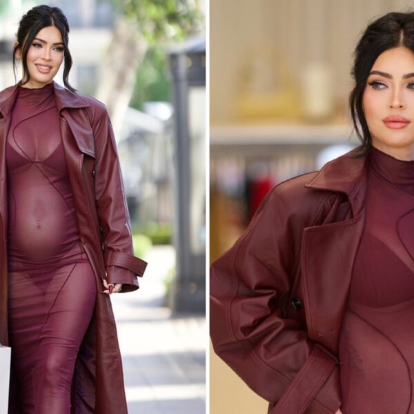 Megan Fox Shows Off Baby Bump in Sheer Burgundy Dress & Matching…