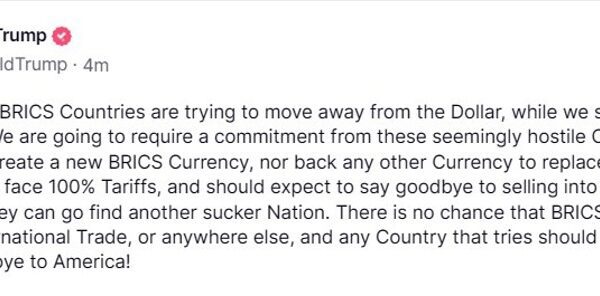 Trump threatens BRICs nations with 100% tariffs in the event that they…