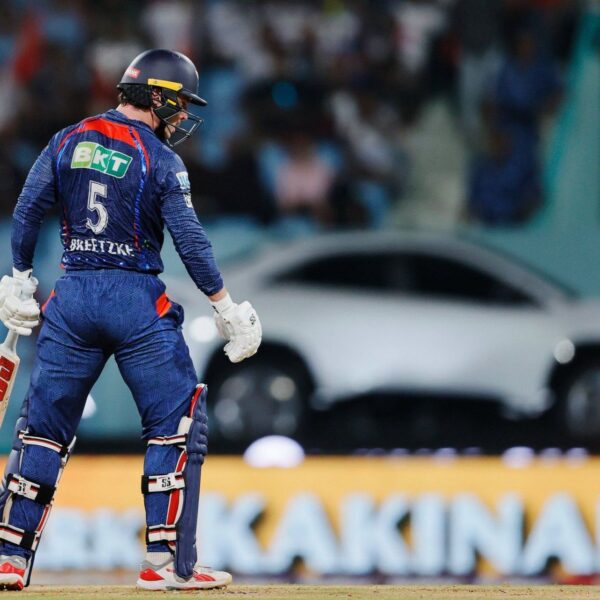 Nuwan Thushara cleans up Matthew Breetzke with an away-swinging full toss in…