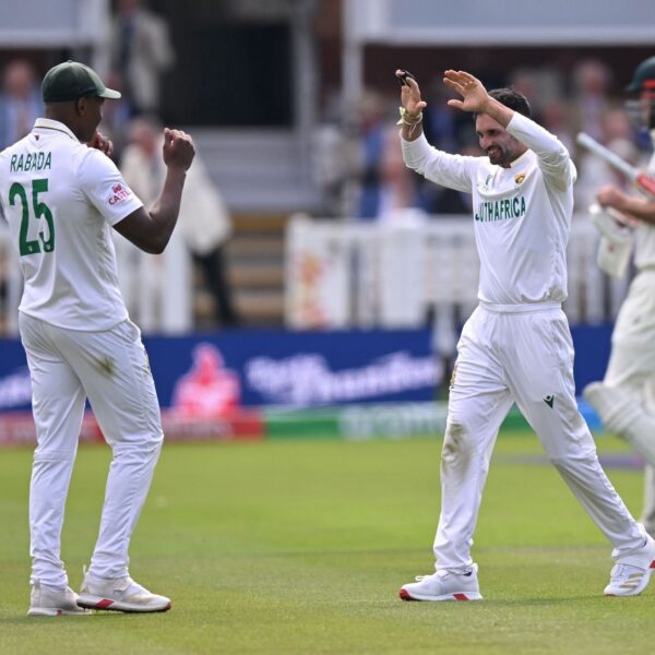 Alex Carey is cleaned up by Keshav Maharaj as he misses his…