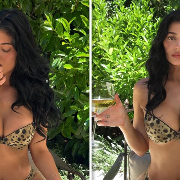 Kylie Jenner Sports Leopard Print Bikini, Snacks On Bowl Of Cherries