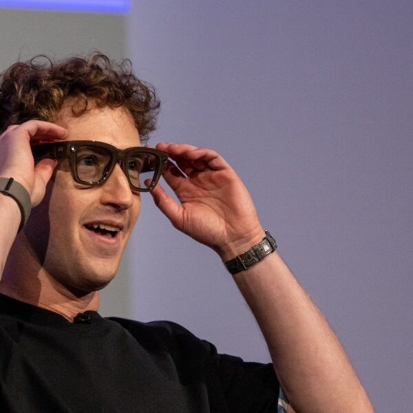 Mark Zuckerberg laughs after the stay demo of his new $800 sensible…