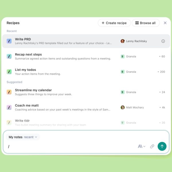 AI note-taking app Granola provides a repeatable prompts function