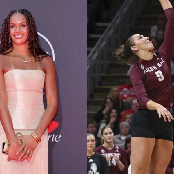 Olivia Babcock reacts as Texas A&M Player Logan Lednicky indicators with LOVB…