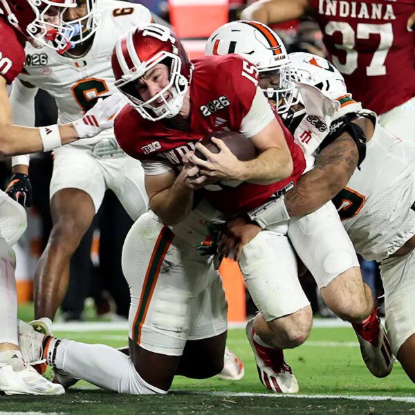 Indiana’s Fernando Mendoza reacts to nationwide championship win