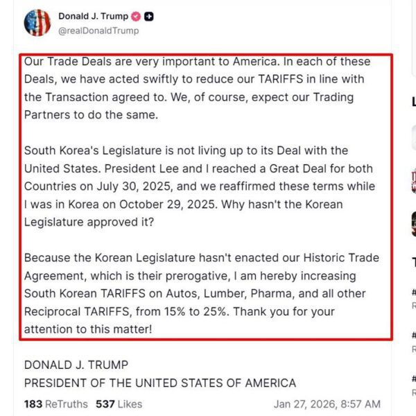 Trump hikes South Korea tariffs to 25%, citing stalled commerce deal