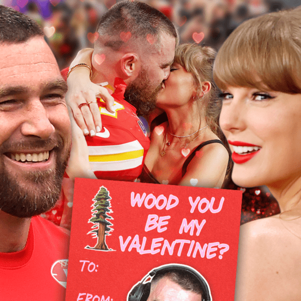 Travis Kelce’s Podcast Account Posts Valentine’s Day Card Referencing Taylor Swift’s ‘Wood’