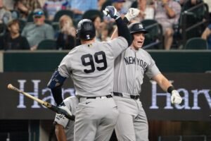 Aaron Judge hits eleventh homer, Ben Rice hits tenth as Yankees high Rangers