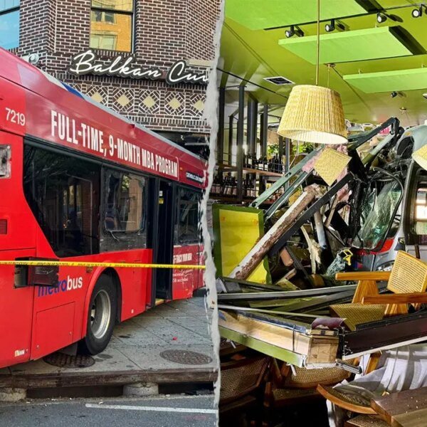DC bus crash sends 3 individuals to hospital after hitting restaurant