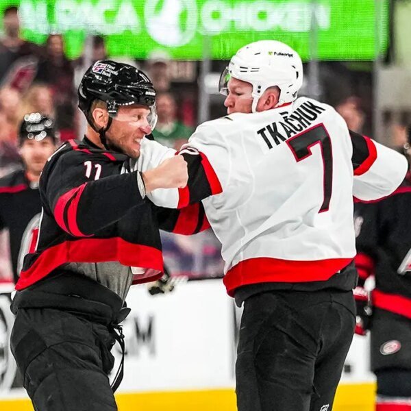 Brady Tkachuk and Jordan Staal battle in the course of the NHL&hellip;