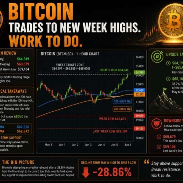 Bitcoin trades to new highs for the week, however backs off
