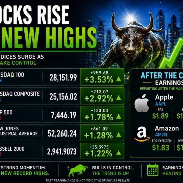 New highs for main indices. Tim Cooks final earnings launch at Apple