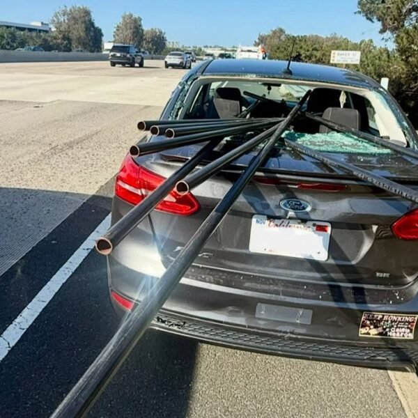California driver survives after steel pipes pierce automobile in freeway crash