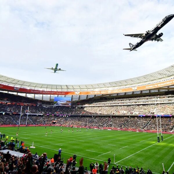 Footage of two planes beautiful a rugby stadium with one of many…