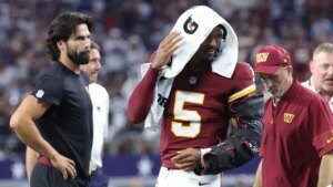 Commanders face crucial choice on Jayden Daniels’ elbow as specialists evaluate MRI outcomes